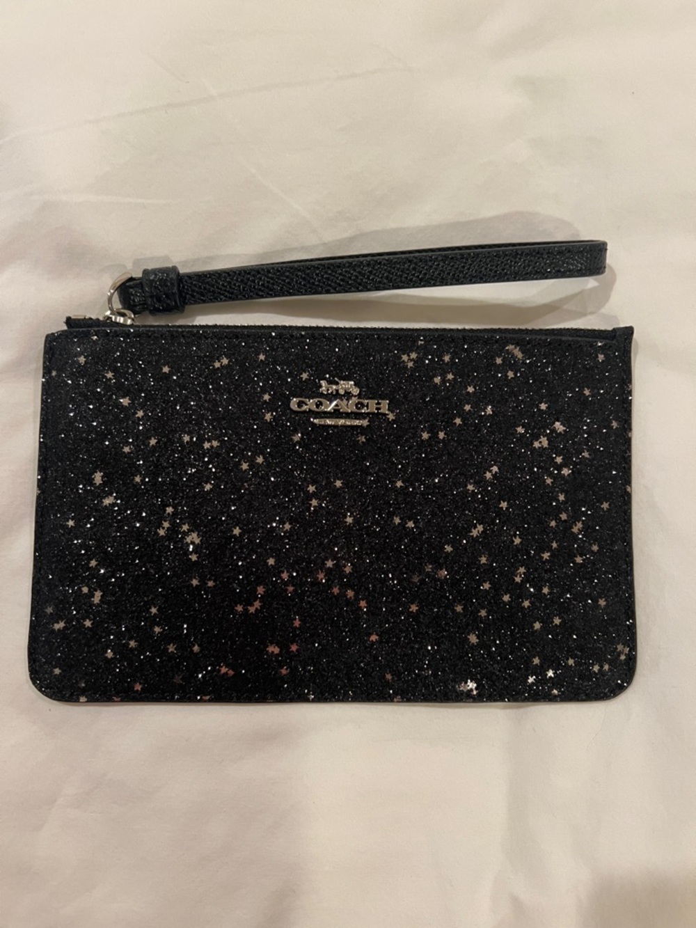 Coach Black Glitter Star Wristlet with Silver Logo